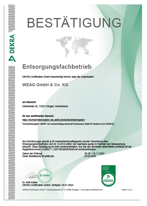 Bestätigung Entsorgungsfachbetrieb - PDF zum Download